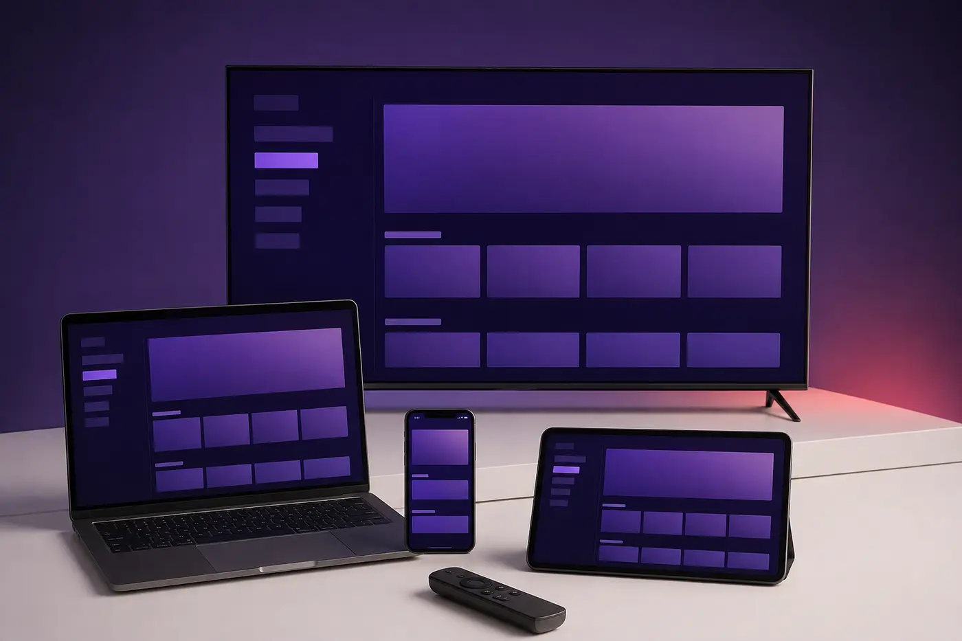 Television, laptop, tablet and phone displaying a Kensat-style interface